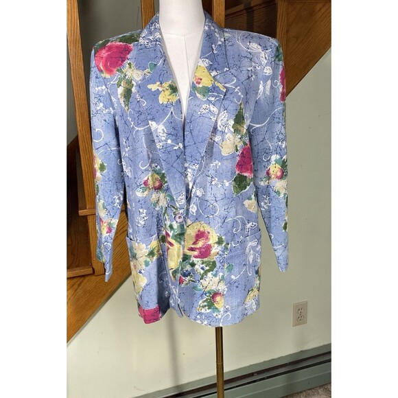 90s Y2K Danielle B Blue Woman 10 Floral Blazer Rayon Flax Cottagecore Career Art - Picture 1 of 10